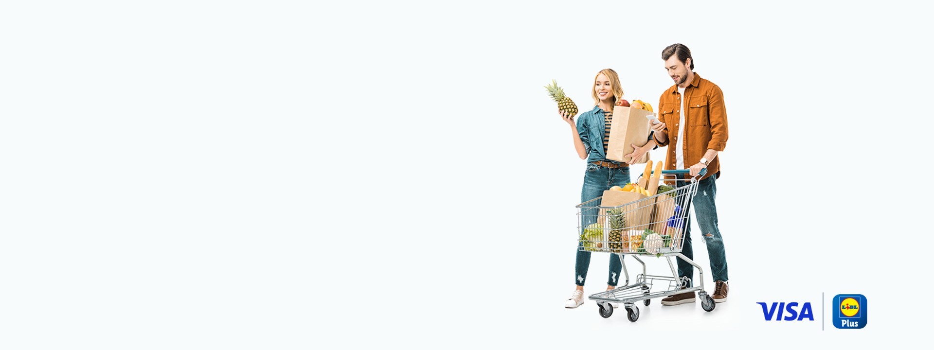 visa lidl plus logo and couple with shopping cart