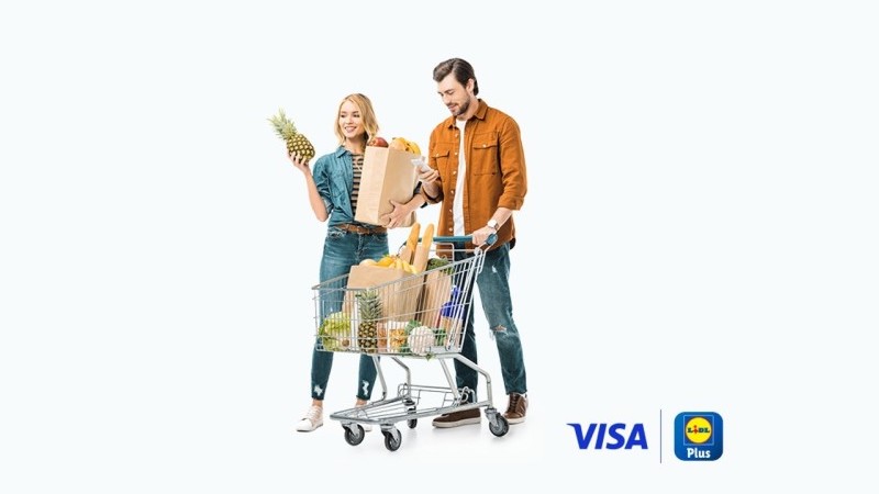 visa lidl plus logo and couple with shopping cart